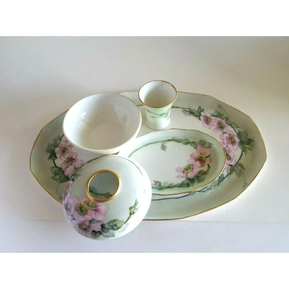 Antique MZ AUSTRIA Porcelain Hand Painted Flowers Vanity/Dresser Set 4 pieces